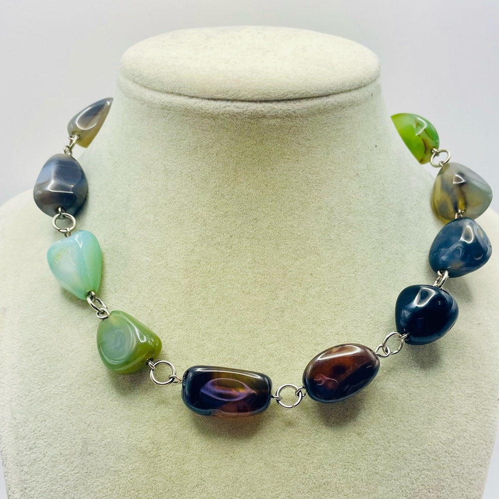 Multi-Color Polished Agate Bead Link Necklace - Green & Blue Tones. 15 inches